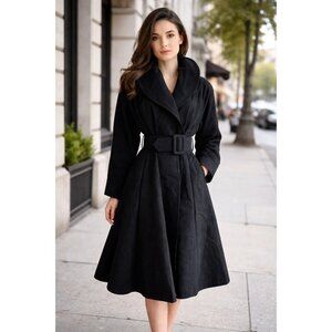 Vintage Van Drunen Black Cinched Waist Structured Shoulder Belted Trench Coat S